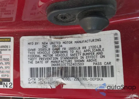 2005 Toyota Corolla S z USA, uszkodzony, nr VIN 1NXBR32E75Z401503